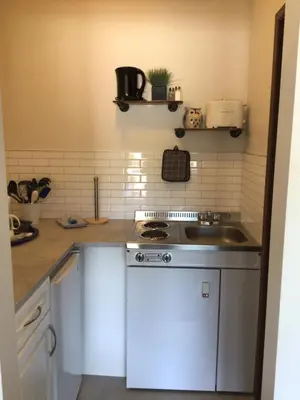 a kitchen with a stove and a sink at Christina Lake Motel and RV Park in Christina Lake