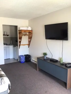 a room with a flat screen tv on the wall at Christina Lake Motel and RV Park in Christina Lake