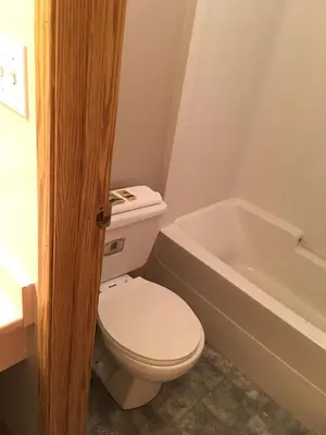 a bathroom with a toilet and a bath tub at Ranchland Villa Motel in Merritt