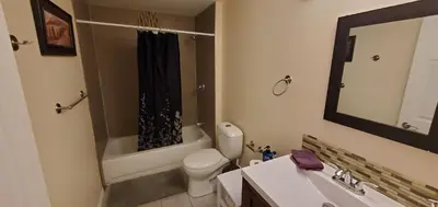 a bathroom with a toilet and a sink and a mirror at Parson Creek Retreat in Fort McMurray