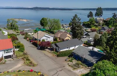 an aerial view of a small town with houses at The Wayward Inn in Chemainus