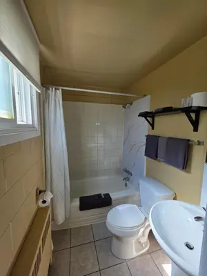 a bathroom with a toilet and a sink and a tub at Bio Vista Motel in Wainwright