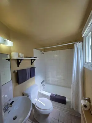 a bathroom with a toilet and a sink and a tub at Bio Vista Motel in Wainwright