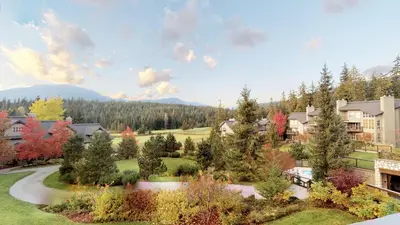arial view of a yard with trees and houses at 3BR in Blackcomb Greens, Wood Burning Fireplace, Complex Hot Tub, Parking, Mountain Views in Whistler