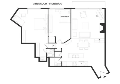 a floor plan of a house at 2BR in Ironwood, Fireplace, Common Area Hot Tub, Private Patio, Parking in Whistler