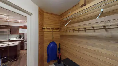 a sauna with wooden walls and a blue boat in it at 2BR plus Den in The Gables, Unbeatable Location Near Gondolas, Private Balcony, Secure Parking in Whistler