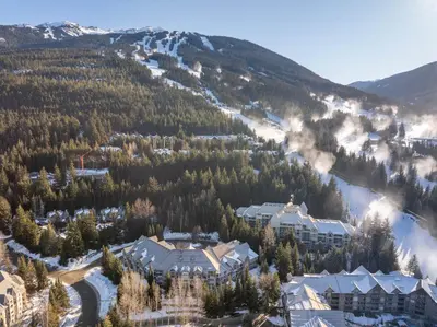 an aerial view of a resort in the mountains at 3BR in Greystone Lodge, Ski In, Ski Out, Pool and Hot Tub, Epic Location in Whistler