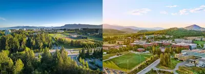 two images of a city and a town with mountains at UBC Pacific Spirit Modern Style Home in Vancouver