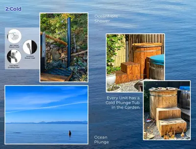 a collage of pictures of the ocean and the water at Manna House in Denman Island