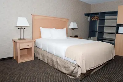 a hotel room with a large bed and two lamps at Paradise Inn and Suites in Valleyview