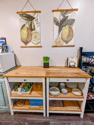 a kitchen counter with a wooden counter top at Maple Rise Guesthouse in Duncan