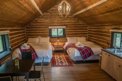 a bedroom with two beds in a log cabin at Chute Lake Lodge in Naramata