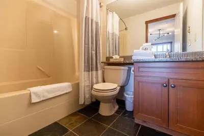 a bathroom with a toilet and a sink and a tub at Snow Creek Lodge by Fernie Central Reservations in Fernie