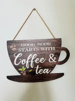 a sign that says good mood starts with coffee and tea at 2-in-1 Skyline MTN Retreat - Hot Tub - Pool - AC in Canmore