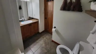 a bathroom with a white toilet and a sink at Settlers Crossing #41 by Bear Country in Sun Peaks