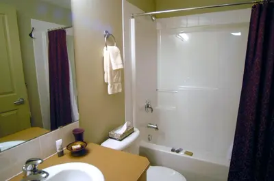 a bathroom with a sink and a toilet and a shower at Apartment 411, Antique Heritage in Canmore