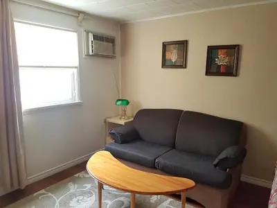 a living room with a black couch and a table at Flamingo Motel in Cranbrook