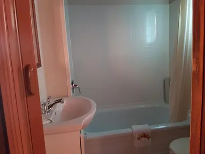 a bathroom with a sink and a bath tub at Flamingo Motel in Cranbrook