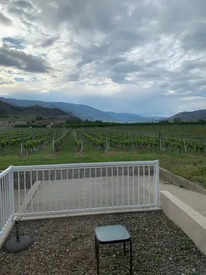 a white fence and a chair in front of a vineyard at Sonora Desert Inn in Osoyoos
