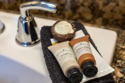 a bathroom sink with two products on a towel at Kaslo Hotel in Kaslo