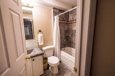 a bathroom with a toilet and a sink and a tub at The River Blossom Suite - Downtown in Drumheller