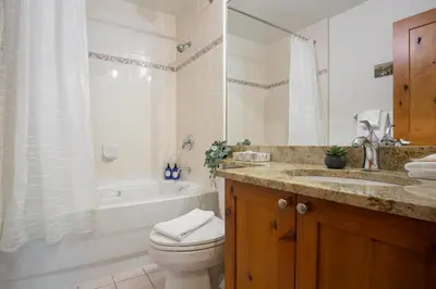 a bathroom with a toilet and a tub and a sink at 2BR in Symphony, Dog Friendly, Hot Tub, Private Balconies, Village Location, Parking in Whistler