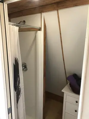 a bathroom with a shower with a shower curtain at Cooks and Puppies Hideaway in Jade City