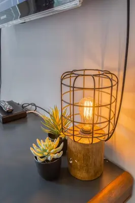 a lamp sitting on top of a desk with some plants at Beautiful Newly Reno 2BDM 2 Bth Sleep up to 6 Adults & Kids Mountain View Townhouse Suite in Canmore