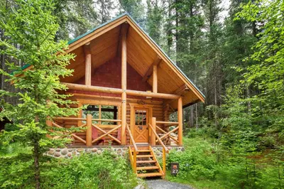 a wooden cabin in the woods with trees at Cathedral Mountain Lodge in Field