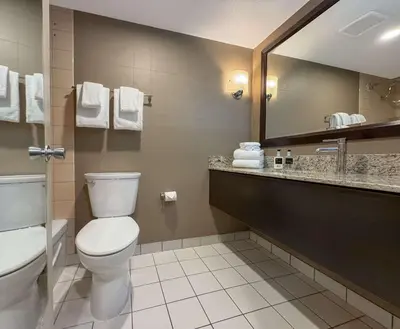 a bathroom with a toilet and a sink and a mirror at Listel Whistler, a Coast Hotel in Whistler