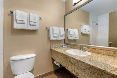a bathroom with a toilet and a sink and a mirror at Best Western King George Inn & Suites in Surrey