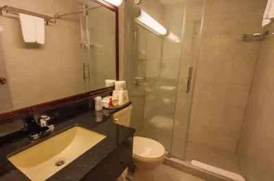 a bathroom with a shower and a sink and a toilet at Best Western Airport Inn in Calgary