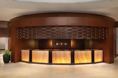 a lobby with a large wall with lights at Radisson Hotel Vancouver Airport in Richmond