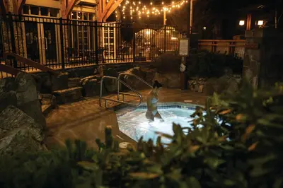 a polar bear standing in a swimming pool at night at Pan Pacific Whistler Village Centre in Whistler