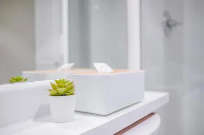 a white counter with a potted plant on it at Deer Lodge by Outpost Whistler in Whistler