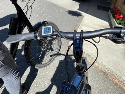 a bike with a speedometer on the handlebars of a bike at Robin Hood Inn and Suites in Victoria