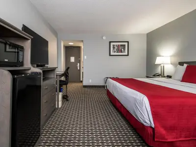 a hotel room with a bed and a flat screen tv at Paradise Inn & Conference Centre in Grande Prairie