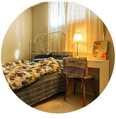 a circular picture of a bedroom with a bed and a desk at Banff -Calgary Garden &3 mins Bus station Close C-Train&Free Parking in Calgary