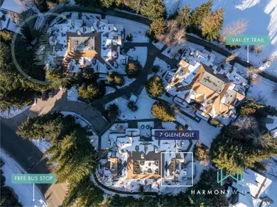 an aerial view of a mansion with buildings at 2BR in Gleneagle, Gourmet Kitchen, Newly Updated, Wood Burning Fireplace, Parking in Whistler