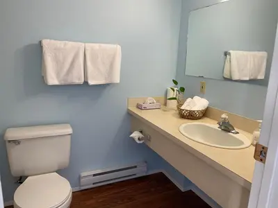 a bathroom with a toilet and a sink and a mirror at Y-5 Motel in Barrière