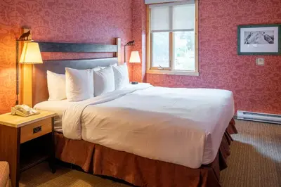 a hotel room with a large bed and a window at Fox Hotel and Suites in Banff