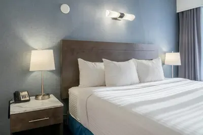 a bed in a hotel room with two lamps and a phone at Red Carpet Inn in Banff