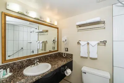 a bathroom with a sink and a toilet and a mirror at Quality Inn Downtown Inner Harbour in Victoria