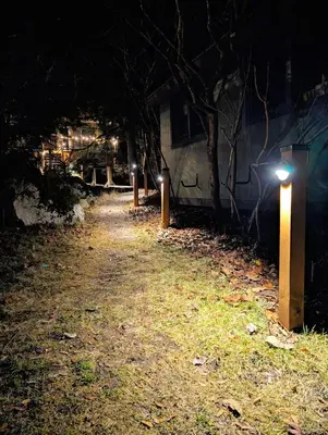 a row of lights in a yard at night at 4 Mile Creek Cabin (Creekside) in Nelson