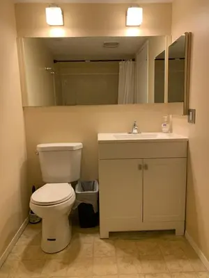 a bathroom with a toilet and a sink and a mirror at MT Pleasant NW 2 bedrooms 500 in Calgary