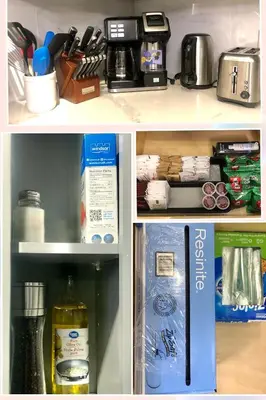 three pictures of a refrigerator with items in it at 4 Bedrooms Suite Combo for Group of Families - Windtower Lodge in Canmore