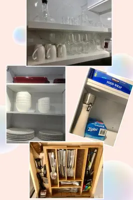 a collage of photos of a refrigerator with plates and utensils at 4 Bedrooms Suite Combo for Group of Families - Windtower Lodge in Canmore