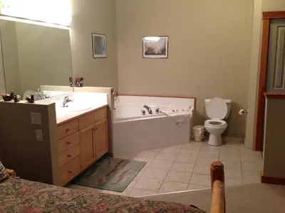 a bathroom with a tub and a sink and a toilet at Apartment 405 Bear Creek Crossing in Canmore
