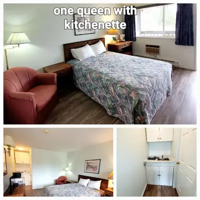 two pictures of a hotel room with a bed and a chair at Ridgeview Motor Inn in Gold River