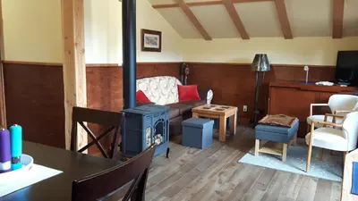 a living room with a stove and a couch at Tschurtschenthaler Rentals in Golden